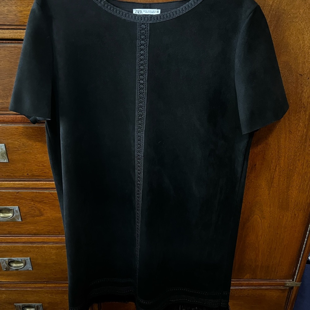 Zara Black Short Sleeve Shift Dress with Center Lace Trim and fringe hem